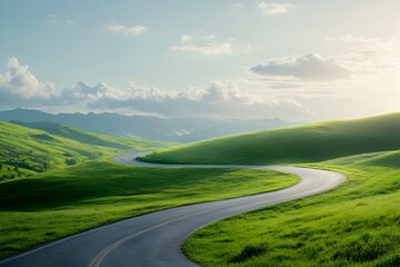 Wall Mural - Winding Rural Road Through Lush Green Countryside Landscape with Mountains in the Distance