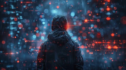A hooded figure stands in front of a digital background, with red and blue lights.