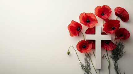 Poster - A white cross is surrounded by red flowers