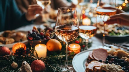 Friends and family gathered around a table for a holiday feast, toasting with glasses of wine and enjoying festive food.