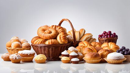 delicious pastries and cakes in vase basket on crisp white background