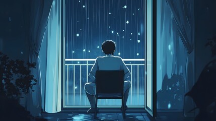 A boy sits on the balcony, holding onto his chair with one hand and gazing at the sky outside with a sad expression