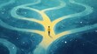 © 69 - Illustration of a person standing at a fork in the road, with paths leading to various dreams and possibilities, symbolizing decision-making.