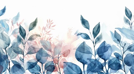 Sticker - Beautiful watercolor illustration of leaves and flowers in blue and pink hues, perfect for backgrounds and design projects.