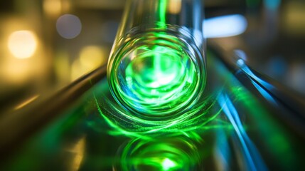 Aufkleber - A vibrant green light travels through a transparent glass tube placed in a dimly lit laboratory. The illumination reflects off the surfaces, creating a captivating visual effect.