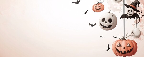 Wall Mural - Eerie halloween scene with hanging pumpkins, skulls, and bats