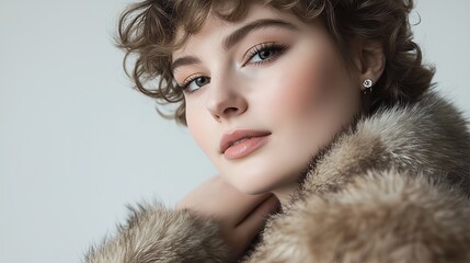 A close-up portrait of a sophisticated woman wearing a luxurious fur coat, showcasing elegance and classic beauty.