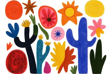 Wall Mural - vibrant and colorful hand drawn featuring a repeatable celestial pattern with cactus flowers suns an