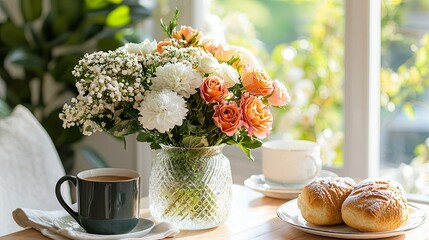 Wall Mural - Fresh Cut Flowers in a Vase on a Sunny Table