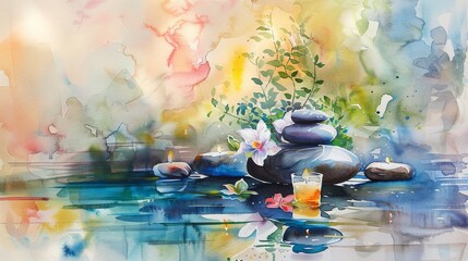 Sticker - Tranquil spa scene captured in flowing watercolor brushstrokes.