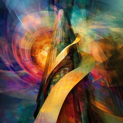 Poster - Vibrant abstract portrayal of a futuristic skyscraper, set against a backdrop of swirling colors and shapes.