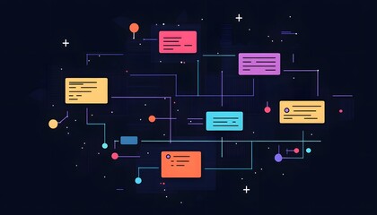 colorful flowchart design on a dark background, representing data connections and information flow i