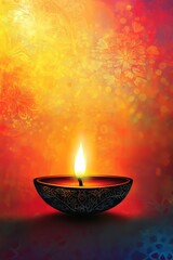 Wall Mural - Diwali lamp silhouette with a warm, inviting glow against a vibrant background.