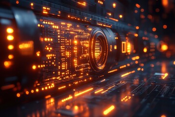 abstract digital representation of a software build process with glowing code and circuits, captured