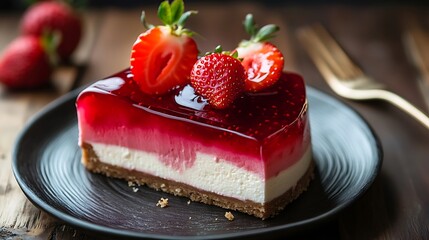 A slice of strawberry cheesecake on a black plate with fresh strawberries on top.