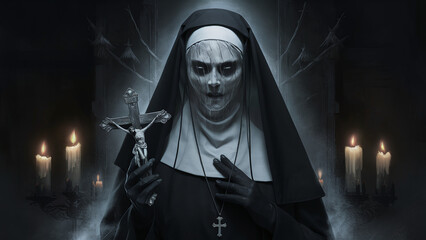  Discover a haunting illustration of a nun adorned with dark symbols, holding a glowing crucifix in an abandoned chapel, evoking mystery and dread. Ideal for horror themes.