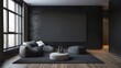 © Shutter2U - Minimalist living room with black walls, large window, and gray furniture.