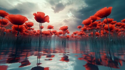 Wall Mural - A field of red flowers with a cloudy sky in the background