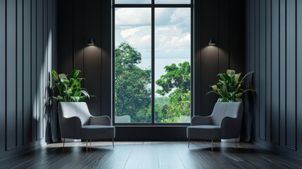 Modern living room interior with two armchairs and a large window overlooking a green view.