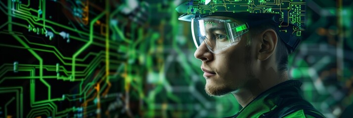 Engineer with overlay of hightech circuitry in green and black With copy space