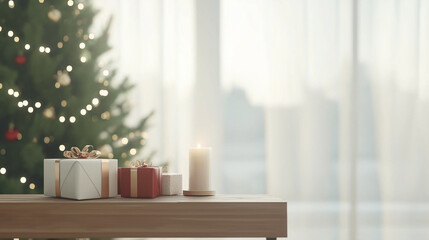 christmas tree with candles, christmas living room interior with wooden console and gifts 