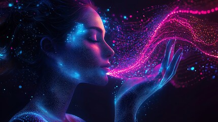 Abstract Woman with Neon Lights Digital Art Futuristic Glowing Particles Technology Co