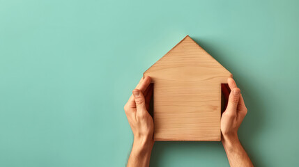 Hands holding a wooden house shape against a blue background.