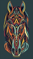 Detailed flat lay of a horse head with colorful tribal patterns.