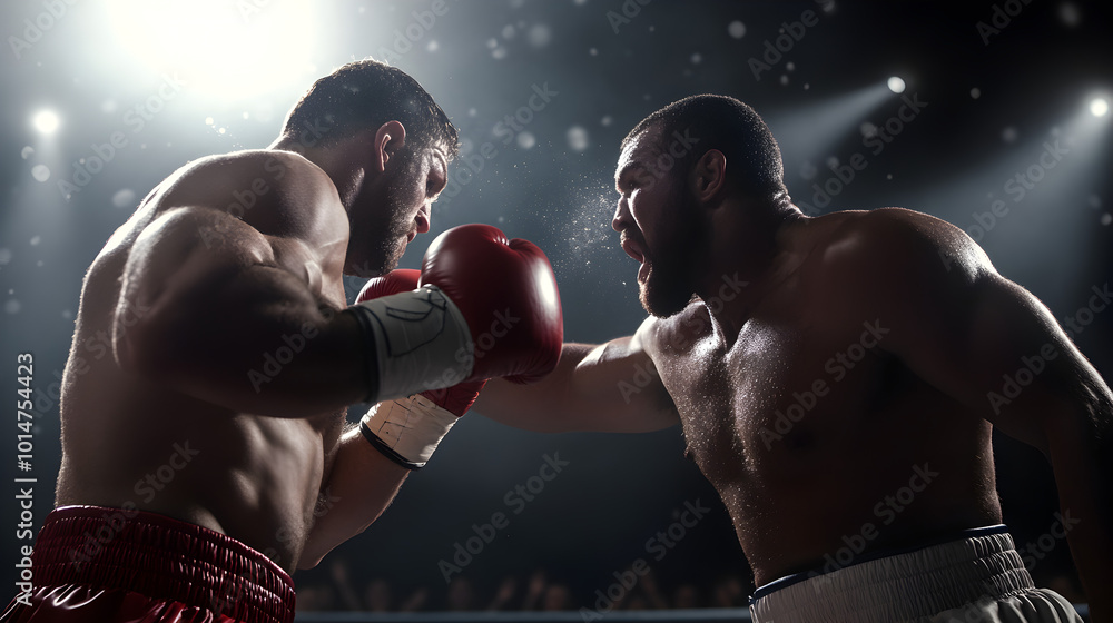 Two boxers locked in an epic exchange, the crowd on their feet ...