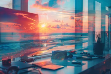 Wall Mural - Double exposure of workspace and beach sunset.