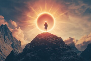 a man standing on top of a mountain with a sun in the background