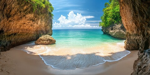 Wall Mural - a serene tropical beach with golden sand, crystal clear water, and lush greenery under a bright blue