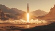 © Prostock-studio - A powerful launch occurs as a rocket ascends against a scenic backdrop of mountains and a glowing sky. The fiery thrust propels it upward, creating an impressive cloud of dust and smoke.
