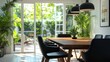 © Zaenal - Modern dining room interior with a wooden table and chairs, with large windows overlooking a green garden.