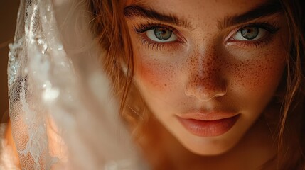 Elegant Woman with Freckles and Veil Close-Up Portrait