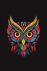 a vibrant and intricate geometric owl illustration with bold colors on a black background, perfect f