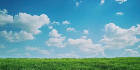 Vibrant landscape featuring lush green grass under a bright blue sky with fluffy white clouds, perfect for nature-themed projects.