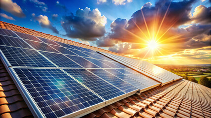 Solar Panels on Rooftop Under Beautiful Sunset Sky