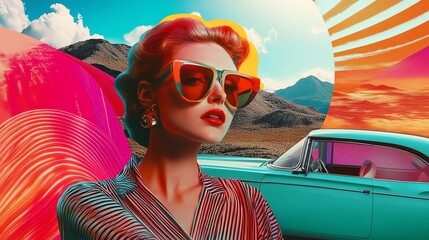 A woman in colorful sunglasses and a striped shirt stands in front of a blue vintage car in a retro styled scene.