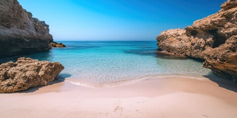 Wall Mural - a serene beach scene with crystal-clear water and rocky formations under a bright blue sky, perfect 