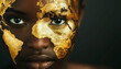 © Alienmonster Images - Close-up portrait of a model with a creative face paint design featuring a world map in metallic tones that blends art and beauty with a global concept
