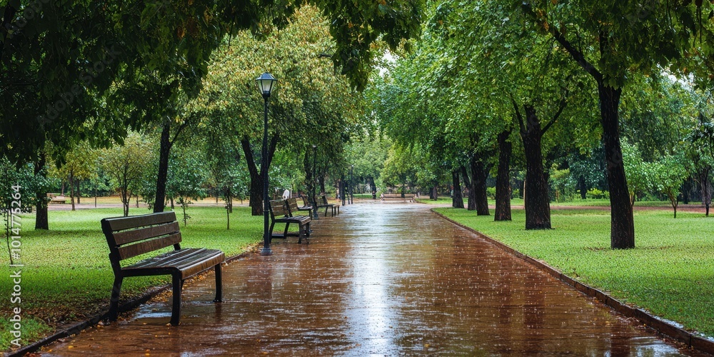 A serene park path lined with benches and lush trees, glistening under ...