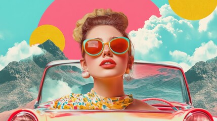 A woman wearing sunglasses and a floral shirt leans out of a classic car in a collage art style.