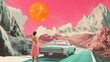 © Galib - A woman in a pink dress stands by a vintage car in a surreal mountain landscape with a large orange sun in the sky.