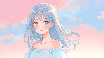 a serene anime-style girl with long blue hair and bright blue eyes, against a soft pastel background