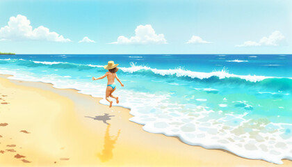 Child running along sandy beach with blue waves and sunny sky in a tropical landscape