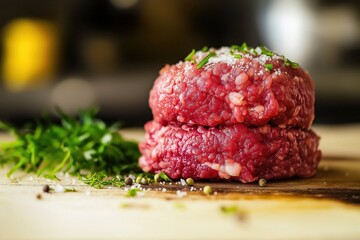 two raw meat patties on a cutting board