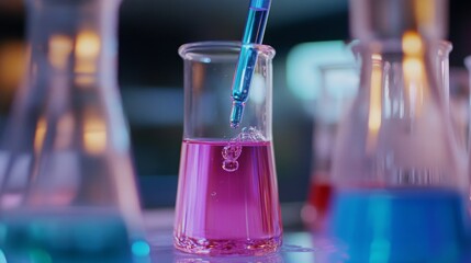 Leinwandbilder - In a lab, a pipette gently releases a blue solution into a vibrant pink liquid in a beaker, surrounded by colorful glass flasks highlighting a scientific experiment.