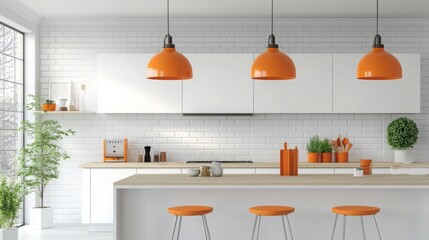 A sleek kitchen showcases white cabinetry with orange accessories, enhancing the bright atmosphere. Three orange pendant lights hang above a minimalist island, while greenery adds freshness.