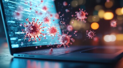 Wall Mural - a digital shield protecting a computer screen from a swarm of malicious viruses and malware.